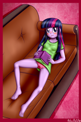 Size: 1697x2533 | Tagged: questionable, artist:anibaruthecat, twilight sparkle, alternate version, areola, banned from derpibooru, barefoot, blushing, book, breasts, clothes, couch, equestria girls, eyebrows visible through hair, feet, female, human, humanized, imported from twibooru, indoors, innocent, lolicon, lying down, nipples, no bra underneath, nudity, on couch, open book, panties, pink panties, see-through, shiny hair, shirt, signature, small breasts, solo, solo female, t-shirt, underage, underwear, younger