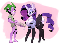 Size: 945x717 | Tagged: explicit, artist:bigdad, rarity, spike, anthro, banned from derpibooru, big penis, clothes, cum, erection, hyper, hyper penis, imported from twibooru, impossibly large penis, nudity, penis, shotacon, underage