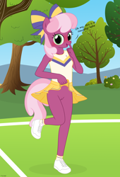 Size: 2546x3755 | Tagged: explicit, artist:tolpain, anthro, banned from derpibooru, blushing, cheerilee, cheerleader, clothes, dialogue, female, imported from twibooru, lolicon, looking at you, nudity, outdoors, skirt, skirt lift, underage, vulva, younger