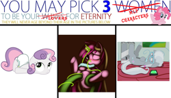 Size: 800x457 | Tagged: explicit, silver spoon, sweetie belle, diaper, diaper belle, diaper fetish, earth pony, female, foalcon, g4, horn, imported from derpibooru, meme, non-baby in diaper, pony, ruby pinch, tentacle blowjob, tentacle porn, tentacles, unicorn, whip, you may pick three