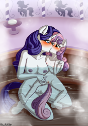 Size: 1755x2508 | Tagged: explicit, artist:anibaruthecat, rarity, sweetie belle, age difference, anthro, banned from derpibooru, big breasts, blushing, breasts, female, females only, fingering, imported from twibooru, incest, jacuzzi, kiss on the lips, lesbian, lolicon, sex, siblings, signature, sisters, small breasts, soap, steam, underage, unguligrade anthro