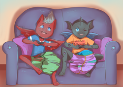 Size: 1981x1403 | Tagged: explicit, artist:midnightgospel, oc, oc:archex, oc:cloud weaver, anthro, balls, banned from derpibooru, big balls, changeling, clothes, controller, couch, growth, imported from twibooru, impossibly large balls, impossibly large penis, male, males only, nudity, oc only, pegasus, penis, penis expansion, pony, ripping clothes, shotacon, underage, underwear, unguligrade anthro, wardrobe malfunction