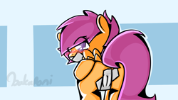 Size: 1920x1080 | Tagged: questionable, artist:bakaponi, scootaloo, blushing, cameltoe, crotch tape, female, foalcon, g4, gag, imported from derpibooru, pegasus, pony, solo, solo female, tape, tape gag, wallpaper