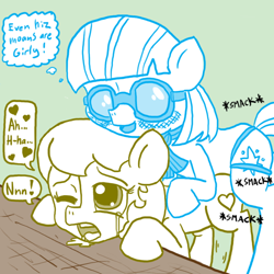 Size: 660x660 | Tagged: explicit, artist:ficficponyfic, photo finish, oc, oc:golden brisk, age difference, anal insertion, canon x oc, colt, drool, drool string, female, female on male, foal, foalcon, g4, imported from derpibooru, insertion, male, mare, mare on colt, moaning, pegging, pony, sex toy, shipping, straight, straight shota, strapon, tongue out, trap