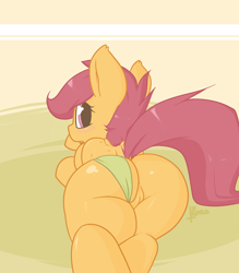 Size: 1280x1461 | Tagged: explicit, artist:terrabutt, scootaloo, blushing, butt, clothes, female, filly, foal, foalcon, g4, imported from derpibooru, looking at you, looking back, looking back at you, lying down, nudity, panties, panties aside, pegasus, plot, pony, prone, scootabutt, solo, solo female, underwear, vulva