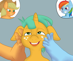 Size: 900x750 | Tagged: questionable, applejack, rainbow dash, anthro, artist needed, banned from derpibooru, barefoot, blushing, earth pony, feet, feet on face, female, fetish, foot fetish, imported from twibooru, male, pegasus, plantigrade anthro, rub, shotacon, smiling, snails, soles, straight, straight shota, toes, underage, unicorn