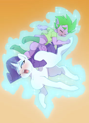 Size: 902x1242 | Tagged: explicit, artist:bigdad, rarity, spike, ahegao, balls, banned from derpibooru, blushing, bottomless, clothes, eyes closed, female, from behind, glow, human, human on pony action, human spike, humanized, imported from twibooru, interspecies, levitation, magic, male, nudity, one eye closed, open mouth, partial nudity, penis, pony, shipping, shirt, shotacon, simple background, socks, sparity, straight, straight shota, telekinesis, tongue out, underage