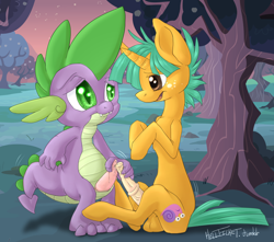 Size: 1129x1000 | Tagged: explicit, artist:hellticket, spike, balls, balls are touching, colt, dragon, dragon on pony action, foal, foalcon, frottage, g4, gay, handjob, imported from derpibooru, interspecies, male, males only, masturbation, nudity, outdoor sex, outdoors, penis, pony, precum, ship:spails, shipping, snails, unicorn