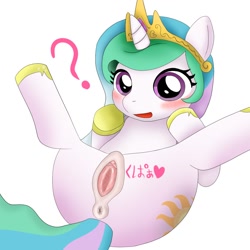 Size: 1000x1000 | Tagged: explicit, artist:makurukaruba, princess celestia, anus, cewestia, cute, female, filly, foal, foalcon, g4, imported from derpibooru, japanese, nudity, on back, pixiv, solo, solo female, spreading, translation, vagina, younger