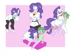 Size: 1280x981 | Tagged: explicit, artist:bigdad, rarity, spike, anthro, anus, balls, banned from derpibooru, big breasts, big penis, blowjob, blushing, blushing profusely, bottomless, breast hold, breasts, busty rarity, butt, clothes, cum, eyes closed, female, fire ruby, garter belt, gem, hanging breasts, holding a pony, human, human penis, humanized, imported from twibooru, interspecies, jewelry, looking at you, male, necklace, nudity, one eye closed, oral, partial nudity, penis, pink background, precum, presenting, rearity, ruby, sex, shipping, shotacon, simple background, sitting, socks, sparity, stockings, straight, straight shota, thigh highs, underage, vulva