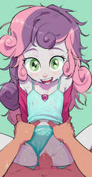 Size: 950x1824 | Tagged: explicit, sweetie belle, ai content, ai generated, balls, banned from derpibooru, bow, child, clothes, cowgirl position, cutie mark, cutie mark on clothes, equestria girls, female, grabbing hips, imported from twibooru, lolicon, looking at you, male, messy hair, nudity, open mouth, panties, panties pulled aside, penis, prompter:anonymous, sex, shirt, sleeveless, sleeveless shirt, straight, sweat, underage, underwear, vulva