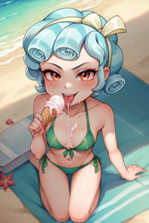 Size: 1536x2304 | Tagged: suggestive, ai content, ai generated, banned from derpibooru, beach, beach towel, bikini, blushing, bow, clothes, covered nipples, cozy glow, erect nipples, female, food, hair bow, human, humanized, ice cream, imported from twibooru, licking, lolicon, looking up, prompter:drpeeper d fresa, smiling, smirk, solo, swimsuit, teenager, tongue out, towel, underage, younger