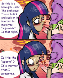 Size: 1300x1600 | Tagged: explicit, artist:fbertu, spike, twilight sparkle, banned from derpibooru, blowjob, blushing, cum, cumming, faceless human, faceless male, female, foreskin, hentai quotes, human, human penis, humanized, imported from twibooru, just the tip, male, nudity, offscreen character, oral, penis, phimosis, sex, sexually oblivious, shipping, shotacon, straight, straight shota, twispike, underage