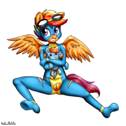Size: 1700x1700 | Tagged: explicit, artist:anibaruthecat, scootaloo, anthro, banned from derpibooru, blushing, breasts, clothes, female, goggles, goggles on head, imported from twibooru, lolicon, nipples, nudity, pegasus, signature, simple background, sitting, skintight clothes, smiling, solo, solo female, teenager, torn clothes, transparent background, underage, uniform, vulva, wonderbolts uniform
