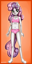 Size: 1077x2100 | Tagged: suggestive, artist:anibaruthecat, sweetie belle, alternate version, anthro, banned from derpibooru, belly button, bra, clothes, female, imported from twibooru, lolicon, panties, polka dot underwear, signature, simple background, smiling, solo, solo female, standing, underage, underwear, unicorn