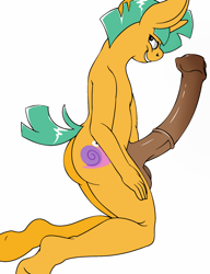 Size: 1229x1600 | Tagged: explicit, artist:southernsteed, anthro, ass, balls, banned from derpibooru, butt, imported from twibooru, impossibly large penis, male, nudity, penis, shotacon, simple background, snails, solo, solo male, underage, unguligrade anthro, white background