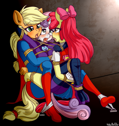 Size: 1545x1634 | Tagged: suggestive, artist:anibaruthecat, apple bloom, applejack, sweetie belle, anthro, banned from derpibooru, blushing, bondage, bow, female, females only, imported from twibooru, lesbian, lidded eyes, lolicon, mare do well, open mouth, rope, rope bondage, shackles, superfilly, superhero costume, supermare, sweetie do well, trio, underage