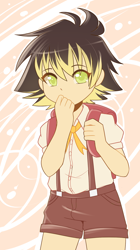 Size: 1073x1920 | Tagged: safe, artist:senseidezzy, oc, oc:aero, anime, backpack, child, clothes, colored pupils, covering mouth, cute, digital art, green eyes, hand on mouth, human, humanized, imported from twibooru, light skin, looking at you, male, oc only, offspring, parent:derpy hooves, parent:oc:warden, parents:canon x oc, parents:warderp, randoseru, shirt, shorts, shotacon, solo, standing, suspenders, trap, underage