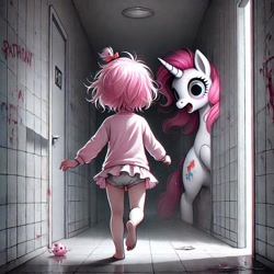 Size: 1024x1024 | Tagged: semi-grimdark, ai content, banned from derpibooru, barefoot, blood, child, clothes, duo, feet, female, generator:bing image creator, human, imported from twibooru, lolicon, looking at each other, mare, panties, pony, prompter:anksk, underage, underwear, unicorn