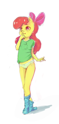 Size: 1033x2162 | Tagged: questionable, artist:starvingunicorn, apple bloom, anthro, banned from derpibooru, child, clothes, female, g4, imported from twibooru, lolicon, panties, pants, pants down, underage, underwear
