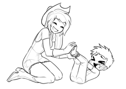 Size: 1280x906 | Tagged: safe, artist:rileyav, applejack, spike, ><, applespike, barefoot, bondage, boots, clothes, crying, eyes closed, feet, female, gloves, hat, hogtied, human, humanized, imported from twibooru, male, shipping, shoes, shotacon, simple background, straight, straight shota, tickle torture, tickling, underage, white background
