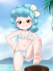 Size: 2673x3556 | Tagged: explicit, artist:pestil, banned from derpibooru, barefoot, belly button, bikini, breasts, child, clothes, cozy glow, cum, cum on body, edit, feet, female, human, humanized, imported from twibooru, lolicon, smiling, smirk, swimsuit, underage