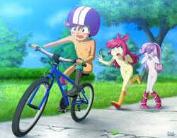 Size: 1200x937 | Tagged: explicit, artist:uotapo, editor:anonymous, apple bloom, scootaloo, sweetie belle, banned from derpibooru, bicycle, blushing, boots, bow, breasts, clothes, covering eyes, cutie mark crusaders, delicious flat chest, edit, equestria girls, female, grass, hair bow, helmet, imported from twibooru, lolicon, nipples, nudity, open mouth, raised leg, scared, shoes, shoes only, sky, sweat, sweatdrop, teary eyes, this will end in pain, this will not end well, tree, trio, underage, vulva, worried