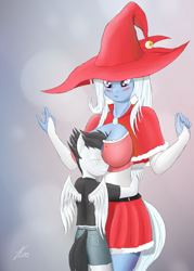 Size: 1197x1669 | Tagged: safe, artist:kasaler, anthro, bad touch, banned from derpibooru, blushing, boob smothering, breasts, busty trixie, cleavage, clothes, cosplay, costume, embarrassed, female, hug, imported from twibooru, male, molestation, nail polish, rumble, shotacon, smothering, straight, straight shota, trixie, underage