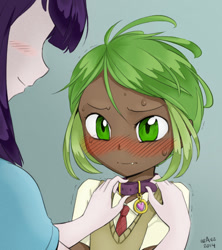 Size: 720x810 | Tagged: suggestive, artist:reavz, artist:transgressors-reworks, spike, twilight sparkle, blushing, collar, collaring, color edit, colored, dark skin, edit, female, human, human spike, humanized, imported from twibooru, male, pet play, shipping, shotacon, spikesub, straight, this will end in jail time, twidom, twispike, underage