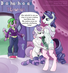 Size: 1800x1932 | Tagged: explicit, artist:smudge proof, rarity, spike, sweetie belle, anthro, barb, bare chest, belly button, blowjob, brotherhooves blowout, clothed female nude male, clothes, elusive, evening gloves, exhibitionism, female, gay, gloves, implied threesome, imported from twibooru, incest, latex, lesbian, lingerie, male, midriff, nudity, oral, panties, penis, pouch, raribelle, rule 63, shipping, shotacon, silver bell, size difference, socks, striped socks, twitching penis, underage, underwear