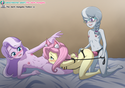 Size: 1240x877 | Tagged: explicit, artist:the-dark-mangaka, diamond tiara, fluttershy, silver spoon, banned from derpibooru, bondage, collar, cunnilingus, dominatiara, equestria girls, female, femsub, fluttersub, g4, human, imported from twibooru, leash, lesbian, lolicon, nudity, oral, pet play, sex, sex toy, silverdom, smiling, strapon, submissive, underage