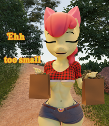 Size: 2059x2380 | Tagged: suggestive, artist:littlesocks3, apple bloom, series:littlesocks, anthro, banned from derpibooru, breasts, clothes, daisy dukes, female, imported from twibooru, lolicon, midriff, oppai loli, panties, public, shorts, thong, underage, underboob, underwear