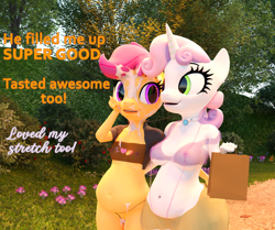 Size: 2560x2136 | Tagged: explicit, artist:littlesocks3, scootaloo, sweetie belle, series:littlesocks, anthro, banned from derpibooru, bikini, clothes, cum, facial, female, imported from twibooru, lolicon, oppai loli, panties, pegasus, public, see-through, see-through shirt, sling bikini, swimsuit, thong, underage, underwear, unicorn