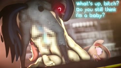 Size: 2048x1152 | Tagged: explicit, artist:simon_sklar, oc, oc:cream heart, oc:simona, 3d, anthro, balls, banned from derpibooru, breasts, censored, dialogue, feet, female, from behind, futa, imported from twibooru, intersex, lolicon, nipples, nudity, oc only, sex, underage