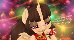 Size: 1200x651 | Tagged: suggestive, artist:miniferu, oc, oc:spring beauty, alicorn, anthro, banned from derpibooru, candy, candy cane, christmas, female, food, harness, holiday, imported from twibooru, lolicon, solo, tack, underage