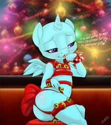 Size: 1200x1350 | Tagged: suggestive, artist:miniferu, oc, alicorn, anthro, ass, banned from derpibooru, butt, christmas, clothes, commission, female, filly, foal, harness, holiday, imported from twibooru, lolicon, panties, pony, solo, tack, thong, tongue out, underage, underwear, your character here