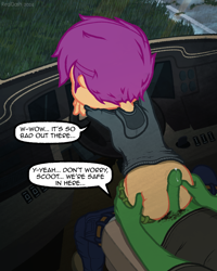 Size: 1200x1500 | Tagged: explicit, artist:realdash, scootaloo, oc, oc:anon, series:time is all we have, banned from derpibooru, butt touch, car, car interior, car sex, clothed sex, clothes, equestria girls, female, hand on butt, hoodie, hotdogging, human, imminent orgasm, imported from twibooru, leaning, lolicon, messy hair, nudity, pants, pants down, part of a set, penis, post-apocalyptic, precum, rain, road, rv, sex, socks, underage, vehicle