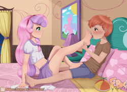 Size: 3425x2480 | Tagged: suggestive, artist:focusb, button mash, sweetie belle, banned from derpibooru, blushing, clothes, equestria girls, feet, female, fetish, foot fetish, foot worship, human, human coloration, imported from twibooru, licking, licking foot, lolicon, looking at each other, male, ship:sweetiemash, shotacon, skirt, toes, underage