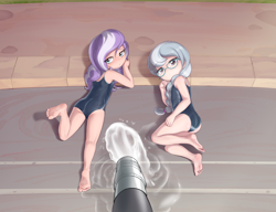 Size: 7891x6070 | Tagged: suggestive, artist:pestil, diamond tiara, silver spoon, absurd resolution, banned from derpibooru, blushing, breasts, butt, clothes, delicious flat chest, diamond buttiara, feet, female, glasses, hose, human, humanized, imported from twibooru, lolicon, looking at you, on stomach, one piece, side, silverbutt, small breasts, swimming pool, swimsuit, unamused, underage, water