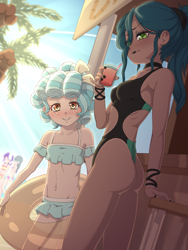 Size: 3000x4000 | Tagged: suggestive, artist:rockset, diamond tiara, queen chrysalis, silver spoon, banned from derpibooru, beach, belly button, bikini, bugbutt, butt, changeling, child, clothes, cozy glow, drinking, equestria girls, female, frilled swimsuit, g4, high res, human, humanized, imported from twibooru, lolicon, midriff, sexy, swimsuit, teenager, underage