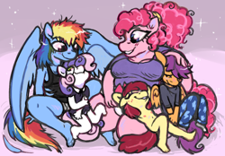 Size: 1556x1080 | Tagged: questionable, artist:honkinghighblood, apple bloom, pinkie pie, rainbow dash, scootaloo, sweetie belle, age difference, alternate hairstyle, anthro, banned from derpibooru, big breasts, breasts, busty pinkie pie, cutie mark crusaders, earth pony, female, flat is justice, g4, imported from twibooru, lolicon, pegasus, plantigrade anthro, playdate, underage, unicorn