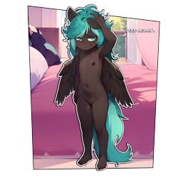 Size: 2000x2000 | Tagged: explicit, artist:sicmop, oc, oc:breeze packets, anthro, banned from derpibooru, bed, breasts, delicious flat chest, dialogue, feet, female, imported from twibooru, lolicon, looking at you, messy mane, nudity, pegasus, pegasus oc, simple background, solo, solo female, standing, text, transparent background, underage, vulva, wings
