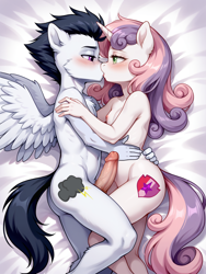 Size: 1024x1360 | Tagged: explicit, sweetie belle, ai content, anthro, artist needed, banned from derpibooru, blushing, female, imported from twibooru, kiss on the lips, lolicon, male, nudity, pegasus, penis, rumble, shipping, shotacon, straight, straight loli, straight shota, underage, unicorn