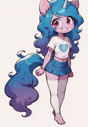 Size: 416x592 | Tagged: safe, artist:doroti95, ai content, ai generated, animated, anthro, banned from derpibooru, barefoot, clothes, cutie mark, cutie mark on clothes, feet, female, friendship bracelet, g5, imported from twibooru, izzy moonbow, leg warmers, lolicon, rosy cheeks, shirt, simple background, skirt, smiling, socks, standing, t-shirt, underage, unicorn, webm, white background, younger