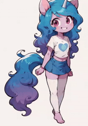 Size: 416x592 | Tagged: safe, artist:doroti95, ai content, ai generated, animated, anthro, banned from derpibooru, barefoot, belly button, blinking, clothes, cute, cutie mark, cutie mark on clothes, feet, female, friendship bracelet, g5, happy, imported from twibooru, izzy moonbow, leg warmers, lolicon, midriff, nodding, rotating, shirt, simple background, skirt, smiling, socks, t-shirt, underage, unicorn, webm, white background, younger