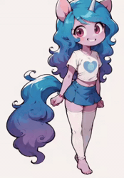 Size: 416x592 | Tagged: safe, artist:doroti95, ai content, ai generated, animated, anthro, banned from derpibooru, barefoot, belly button, clothes, cute, cutie mark, cutie mark on clothes, feet, female, friendship bracelet, g5, happy, imported from twibooru, izzy moonbow, leg warmers, lolicon, midriff, one eye closed, open smile, rosy cheeks, shirt, simple background, skirt, smiling, socks, standing, t-shirt, underage, unicorn, webm, white background, wink, younger