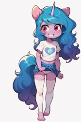 Size: 768x1152 | Tagged: explicit, artist:doroti95, ai content, ai generated, anthro, banned from derpibooru, barefoot, belly button, blush lines, blushing, clenched fist, clothes, cutie mark, cutie mark on clothes, embarrassed, embarrassed underwear exposure, eyebrows visible through hair, feet, female, friendship bracelet, g5, imported from twibooru, izzy moonbow, leg warmers, lolicon, midriff, nudity, panties, see-through, shirt, simple background, skirt, skirt lift, smiling, socks, standing, t-shirt, toes, trying to be sexy, underage, underwear, unicorn, vulva, white background, younger