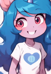 Size: 848x1232 | Tagged: suggestive, artist:doroti95, ai content, ai errors, ai generated, animated, anthro, banned from derpibooru, barefoot, belly button, bracelet, clothes, cute, cutie mark, cutie mark on clothes, feet, female, friendship bracelet, g5, imported from twibooru, izzy moonbow, jewelry, leg warmers, lolicon, midriff, no sound, open smile, panties, rosy cheeks, shirt, simple background, skirt, skirt lift, smiling, socks, t-shirt, trying to be sexy, underage, underwear, unicorn, webm, white background, white panties, younger