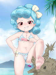 Size: 2673x3556 | Tagged: suggestive, artist:pestil, banned from derpibooru, barefoot, belly button, bikini, bow, breasts, child, clothes, cozy glow, curly hair, destroyed, edit, feet, female, food, frills, hair bow, human, humanized, imported from twibooru, lolicon, looking at you, popsicle, sandcastle, small breasts, smiling, smirk, solo, solo female, swimsuit, underage, young