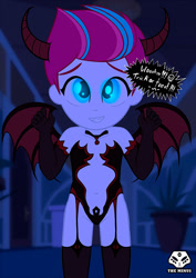 Size: 707x1000 | Tagged: questionable, artist:theminus, banned from derpibooru, belly button, breasts, child, clothes, costume, dark room, delicious flat chest, demon wings, devil horns, dialogue, equestria girls, female, g4, g5, glowing eyes, halloween, halloween costume, holiday, imported from twibooru, light blue eyes, lolicon, looking at you, open smile, scaring, screaming, short hair, smiling, smiling at you, solo, solo female, succubus, teeth, text, trick or treat, two toned hair, underage, wings, zipp storm